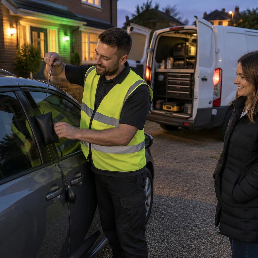 Mobile auto locksmith work at a vehicle in the New Forest