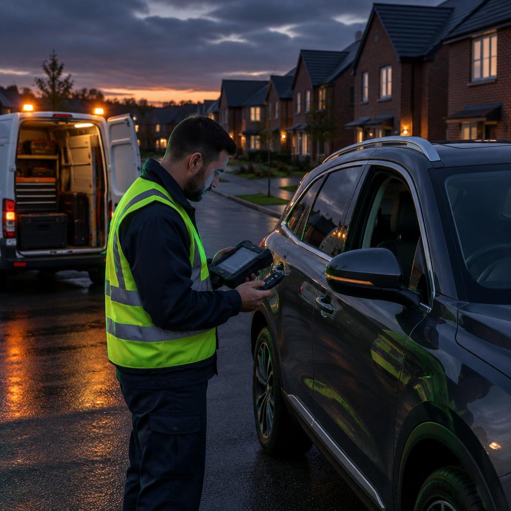 Mobile auto locksmith work at a vehicle in the New Forest
