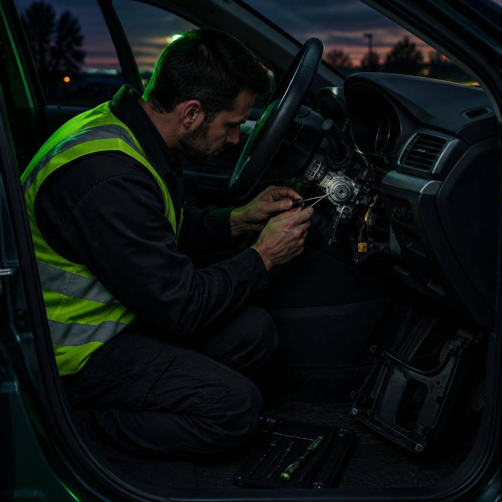 Mobile auto locksmith work at a vehicle in the New Forest