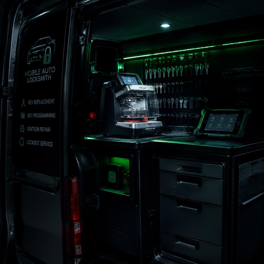 Mobile locksmith van carrying key cutting and programming equipment