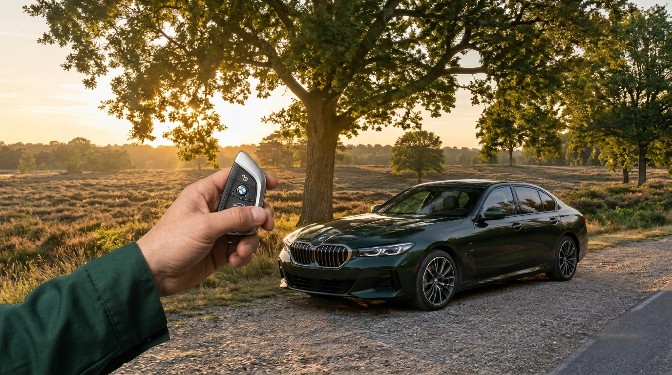 Auto locksmith holding a BMW key beside a dark green BMW in the New Forest