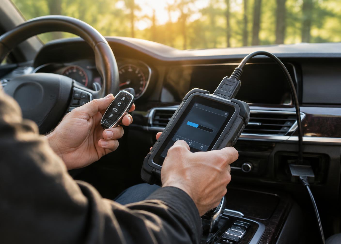 Smart key being programmed with a diagnostic tool inside a car